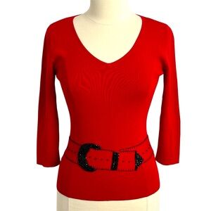 Ruby Rd‎ Women's 3/4 Sleeve V-Neck Beaded Belt Detail Pull-over Red Size XL
